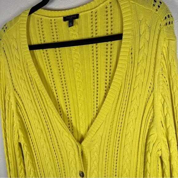 Talbots Plus Size 2X Women Neon Yellow Cardigan Open Knit Spring 100% Cotton - Picture 2 of 7